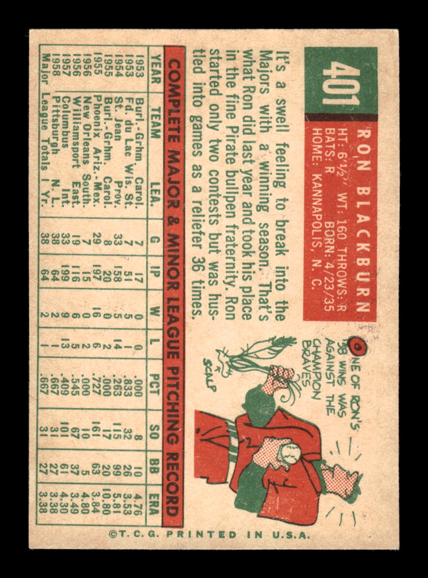 1959 Topps #401 Ron Blackburn Pittsburgh Pirates EXMT 10013036