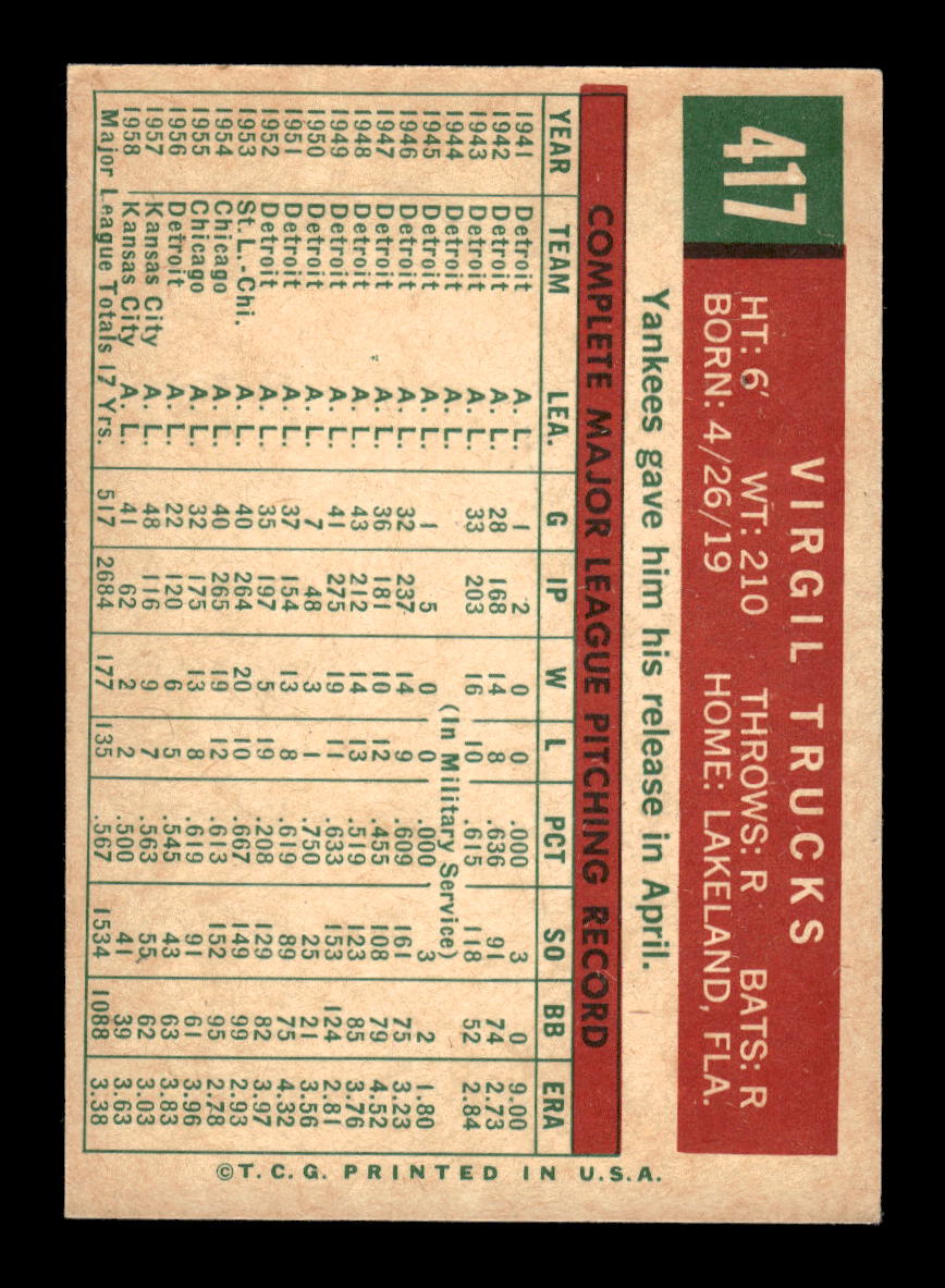 1959 Topps #417 Virgil Trucks New York Yankees EXMT 10013041