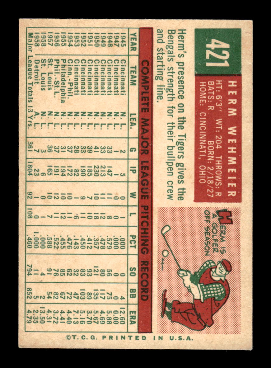 1959 Topps #421 Herm Wehmeier Detroit Tigers EXMT 10013042