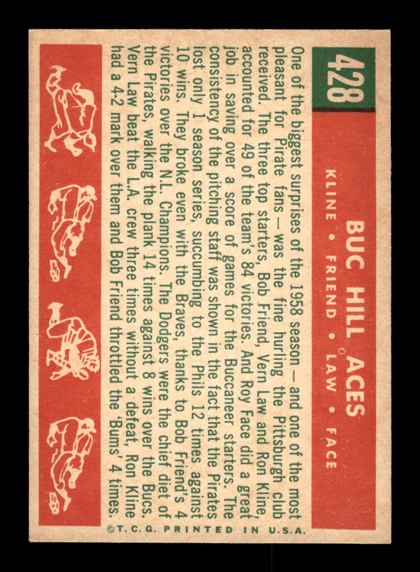 1959 Topps #428 Buc Hill Aces Vern Law Roy Face Pittsburgh Pirates EXMT 10013044