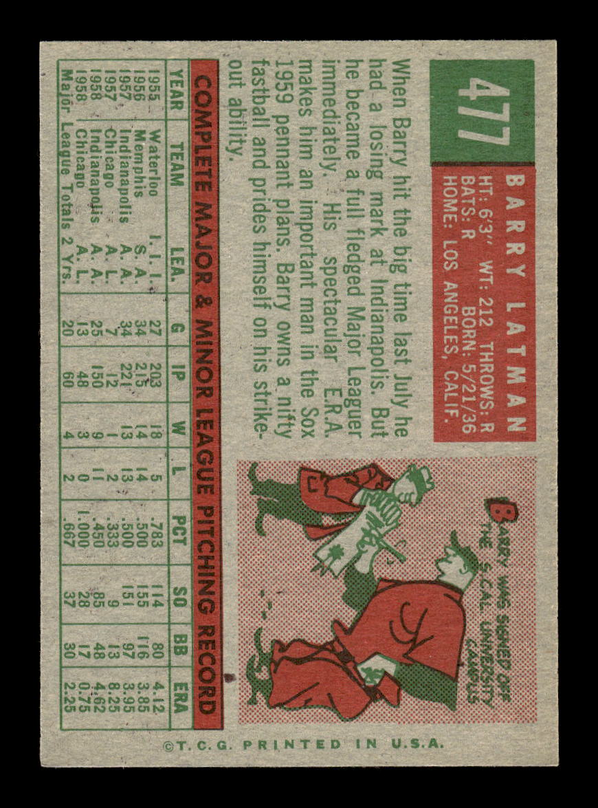 1959 Topps #477 Barry Latman Chicago White Sox EXMT 10013053