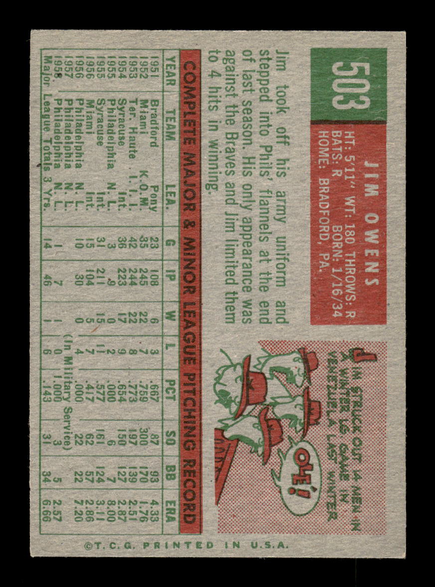 1959 Topps #503 Jim Owens Philadelphia Phillies EXMT 10013061