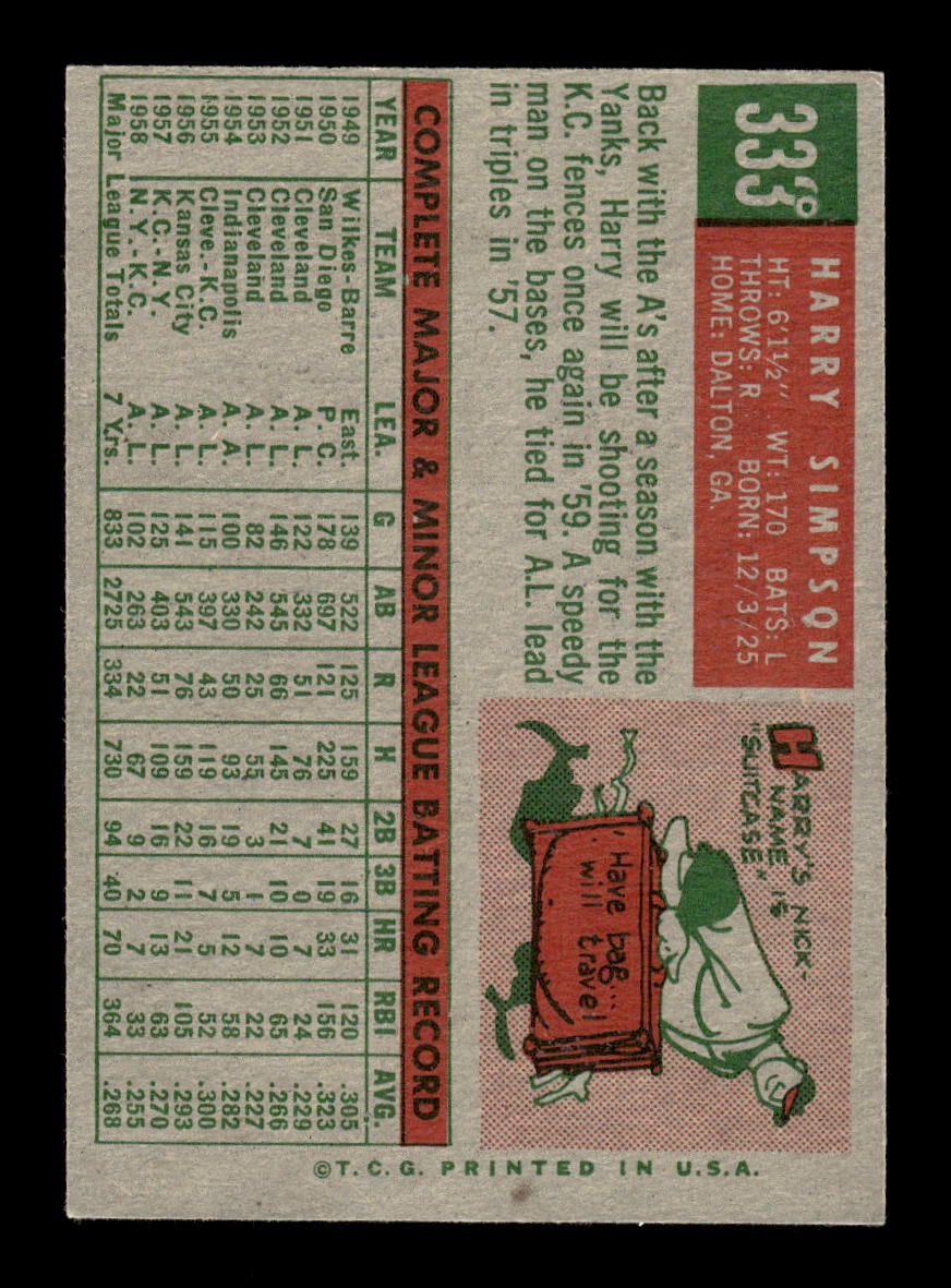1959 Topps #333 Harry Simpson Kansas City Athletics EXMT 10013064