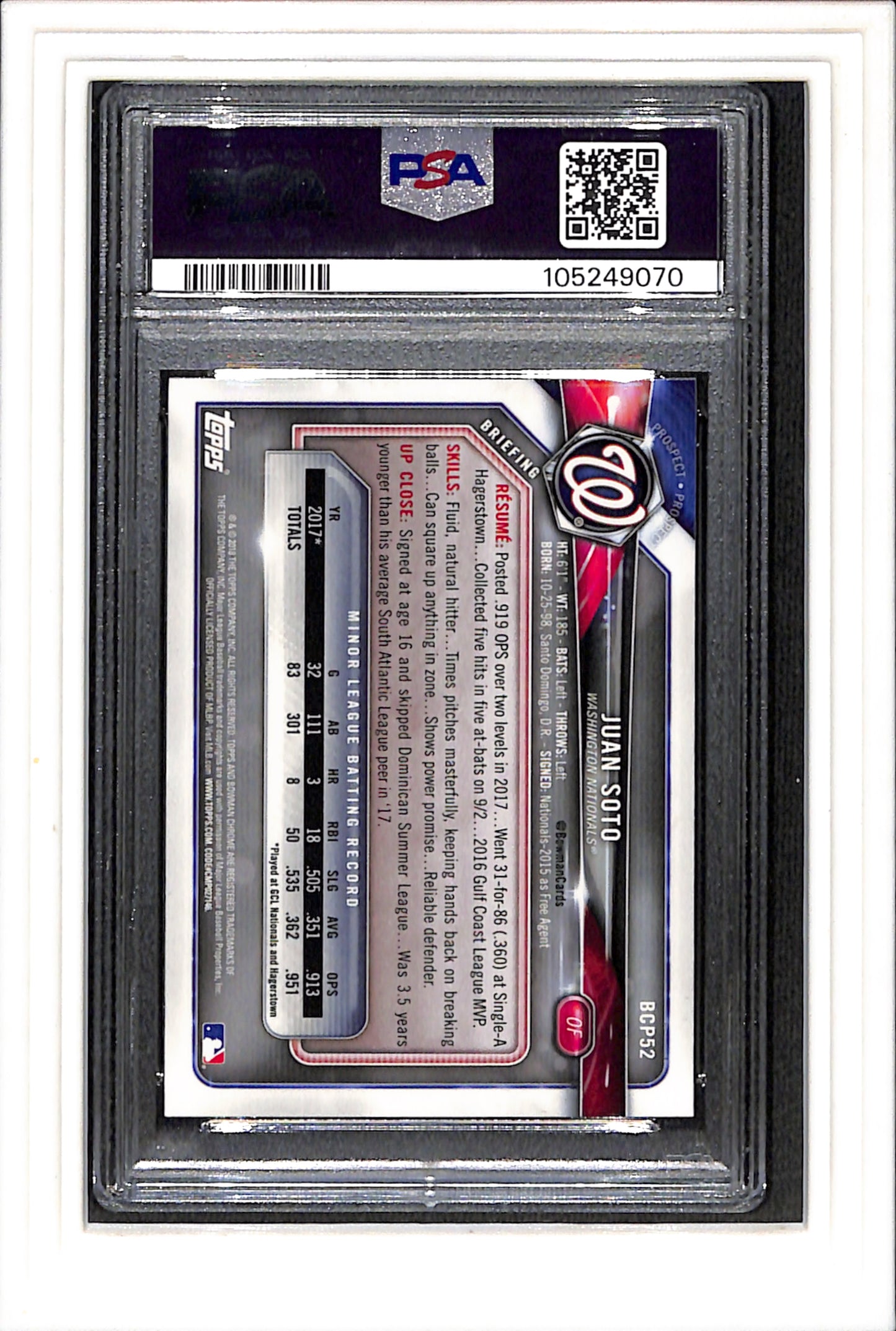 2018 Bowman Prospects Chrome #52 Juan Soto Prospects Chrome PSA 10 SN 105249070