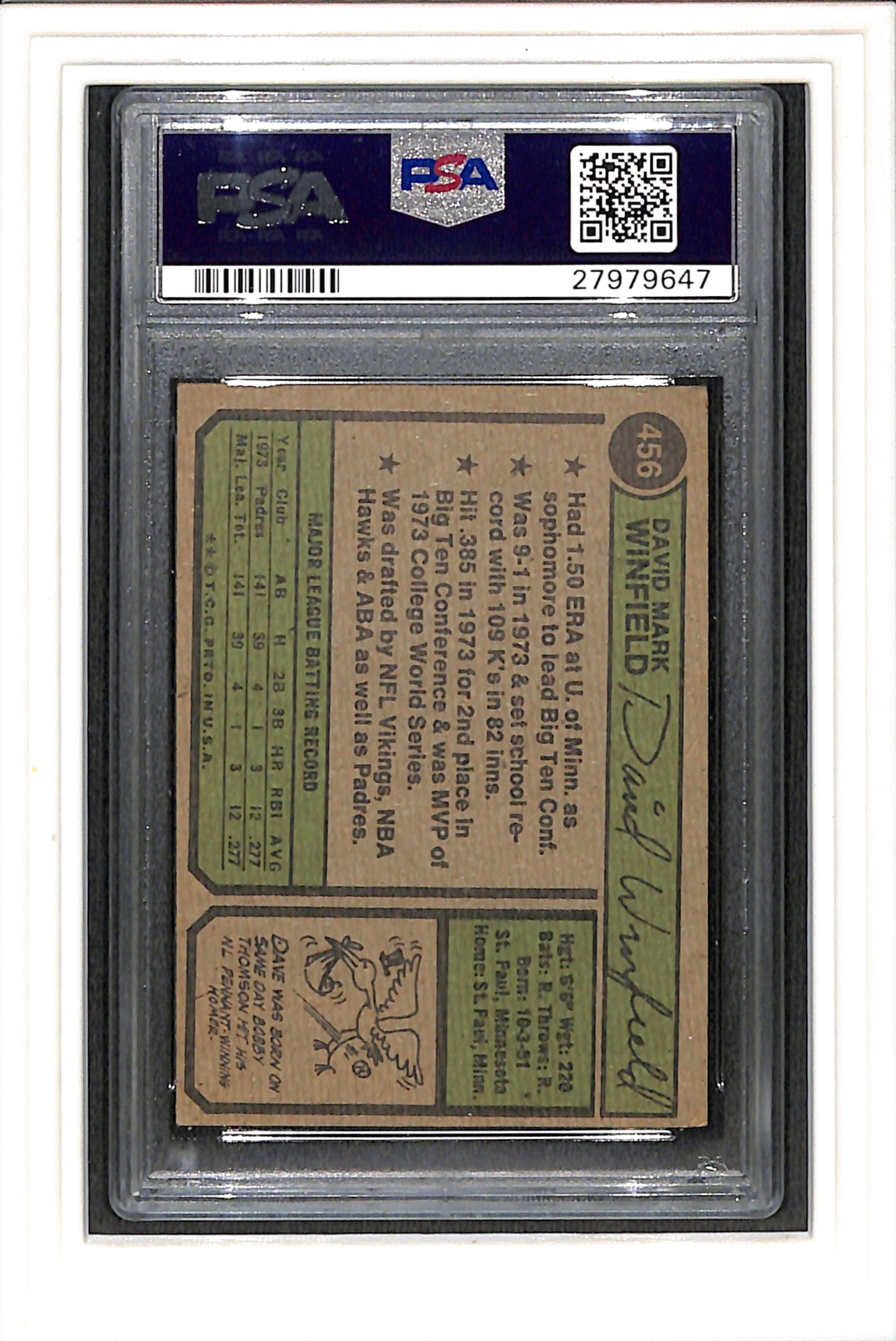 1974 Topps #456 Dave Winfield PSA 5 SN 27979647