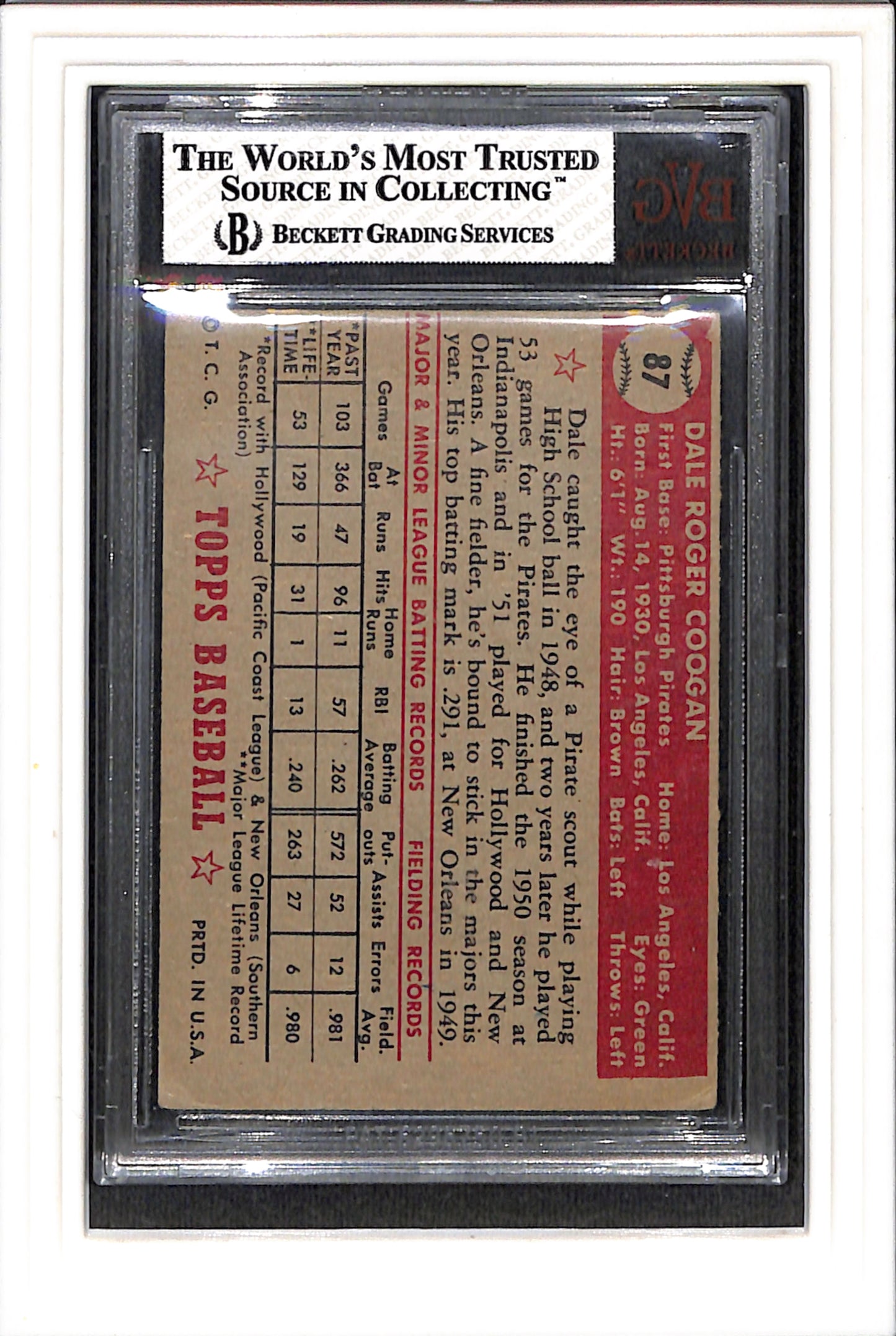 1952 Topps #87 Dale Coogan BVG 3.5 SN 0009014937