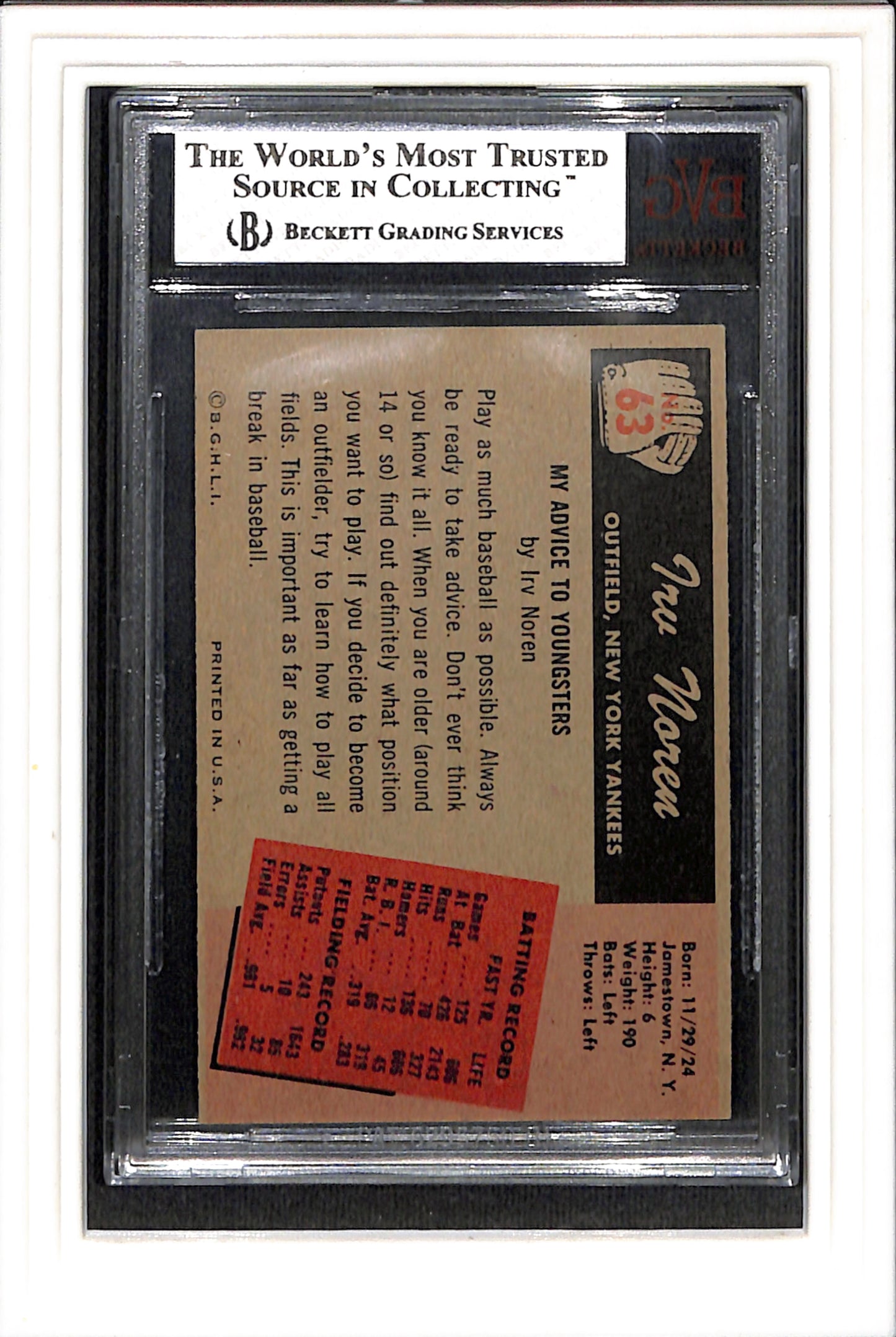 1955 Bowman #63 Irv Noren BVG 6.5 SN 0004896948