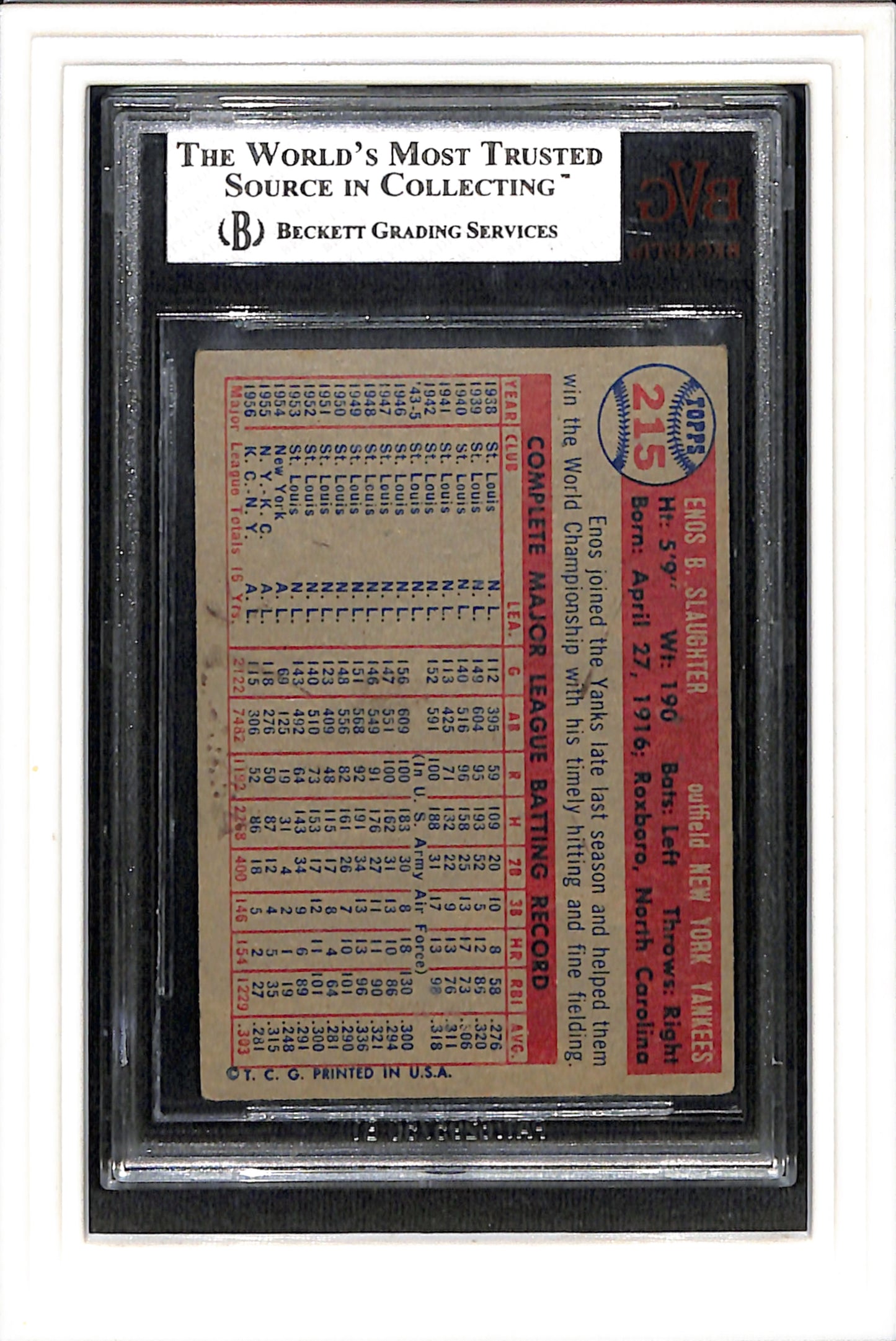 1957 Topps #215 Enos Slaughter BVG 2.5 SN 0004896955