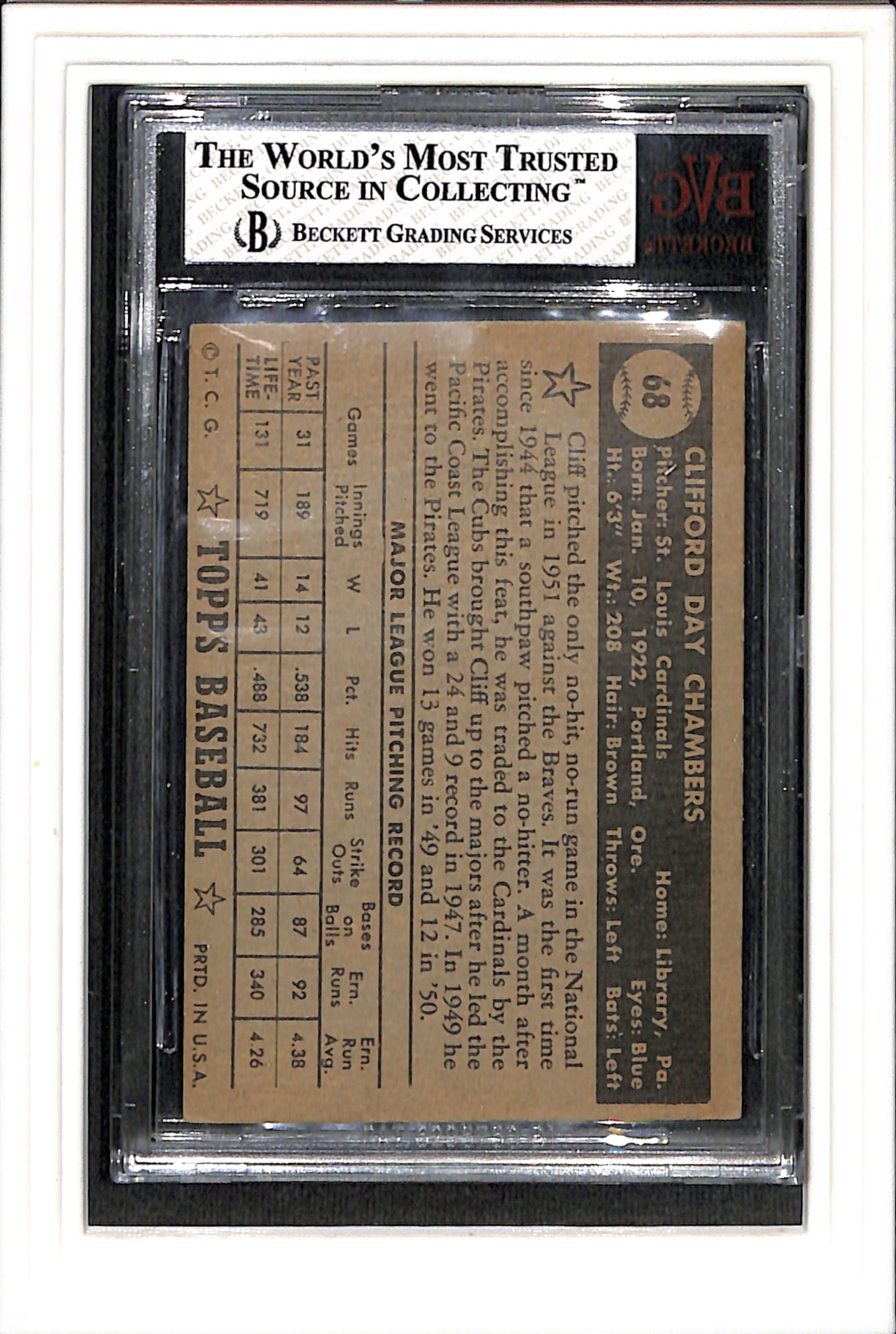 1952 Topps #68 Cliff Chambers Black BVG 2.5 SN 0009690278