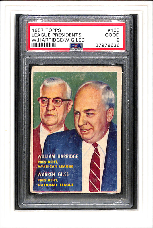 1957 Topps #100 League Presidents W.Harridge/W.Giles PSA 2 SN 27979636