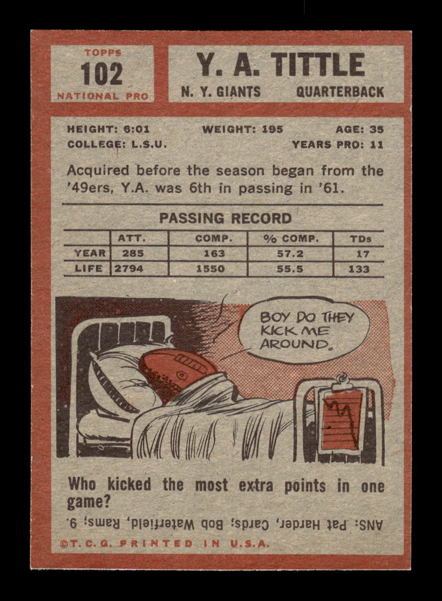 1962 Topps #102 Y.A. Tittle New York Giants EXMT 10013118