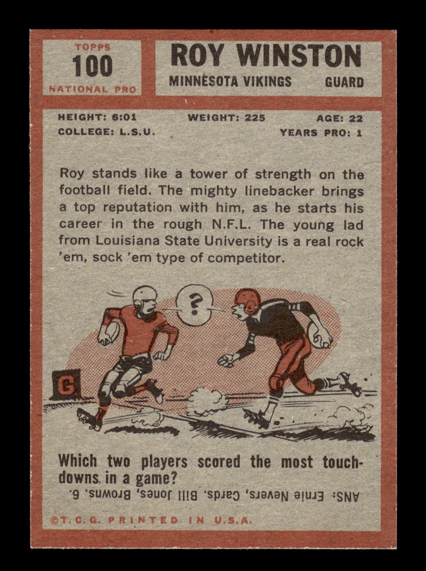 1962 Topps #100 Roy Winston Minnesota Vikings EX 10013119