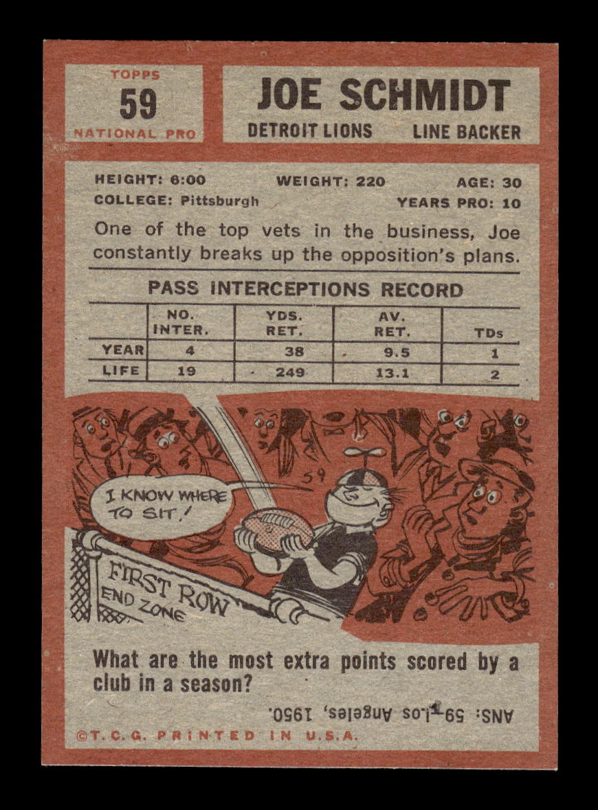 1962 Topps #59 Joe Schmidt Detroit Lions EXMT 10013131