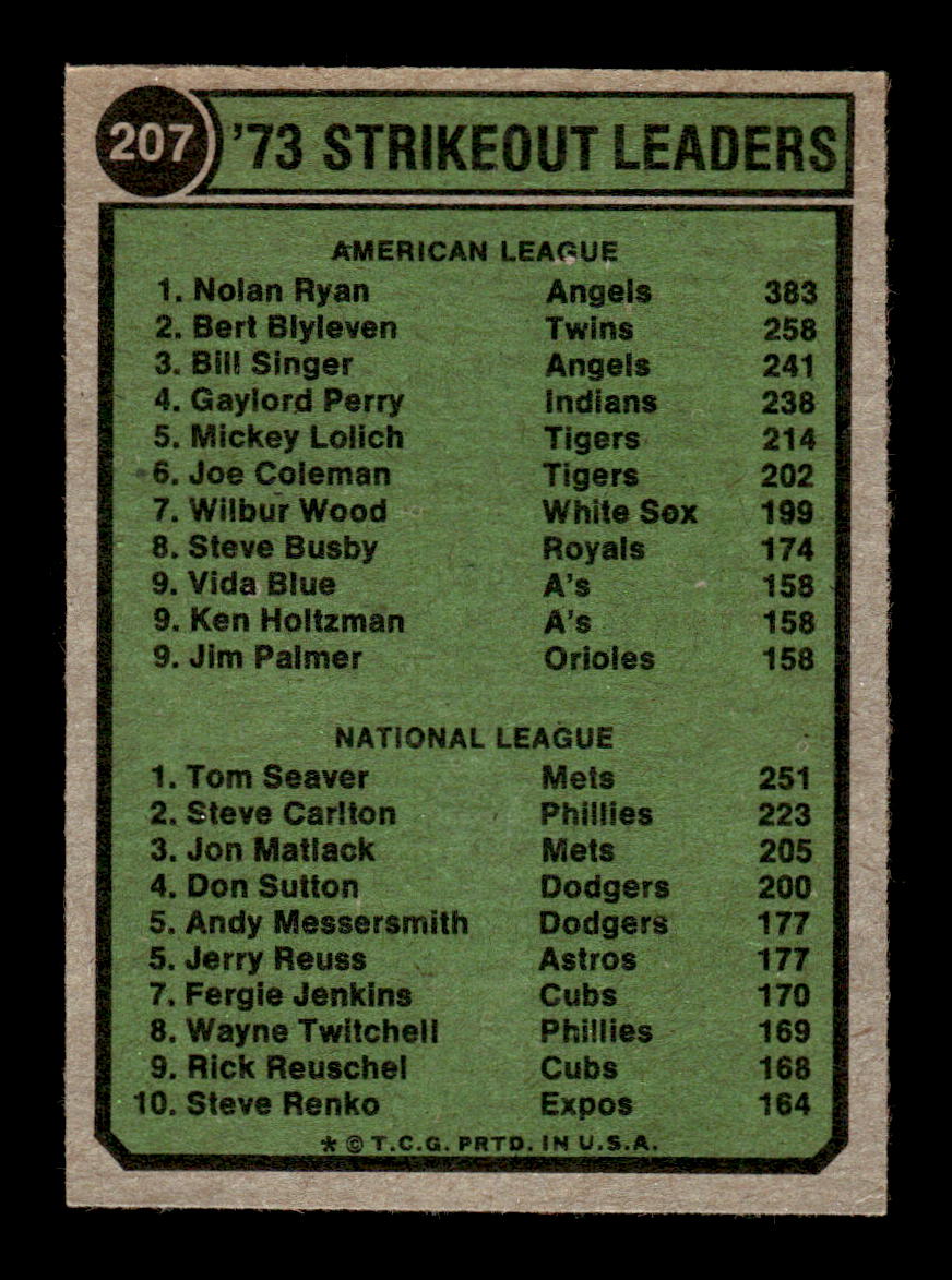 1974 Topps #207 1973 Strikeout Leaders (Nolan Ryan / Tom Seaver) EX 10013151