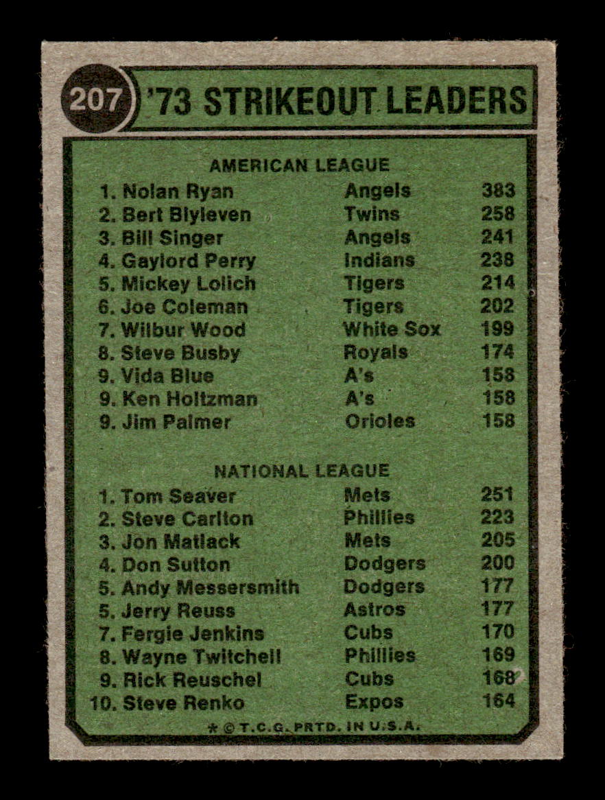 1974 Topps #207 1973 Strikeout Leaders (Nolan Ryan / Tom Seaver) EX 10013157