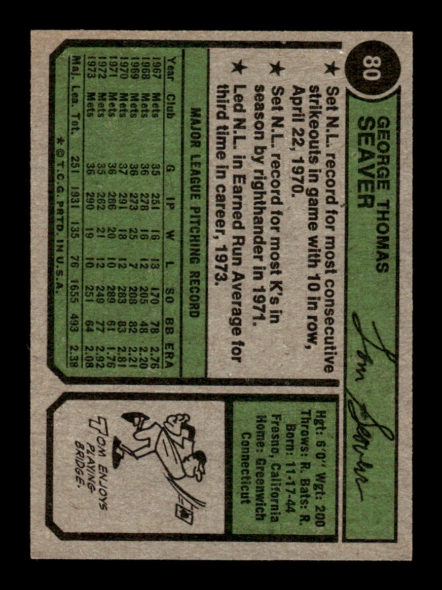 1974 Topps #80 Tom Seaver New York Mets EX 10013158