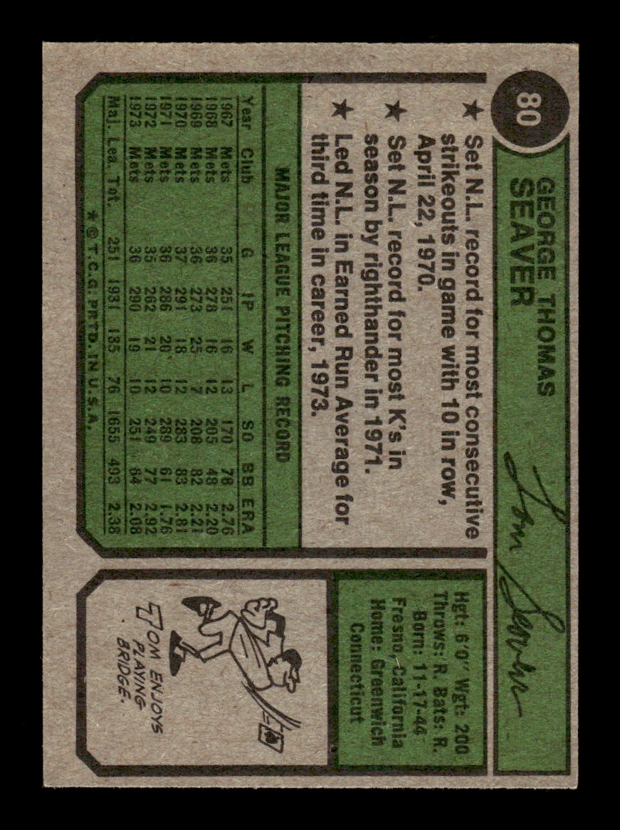 1974 Topps #80 Tom Seaver New York Mets EX 10013159