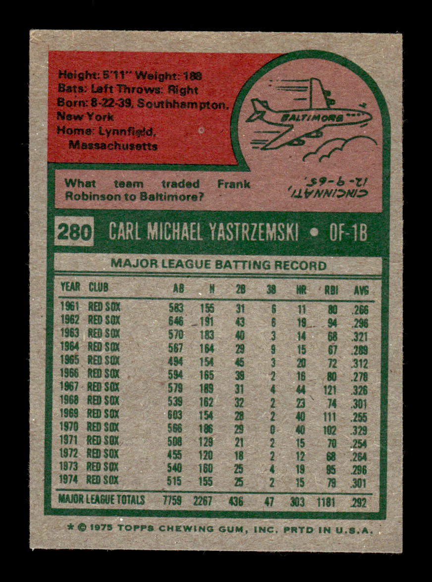 1975 Topps #280 Carl Yastrzemski Boston Red Sox EX 10013171