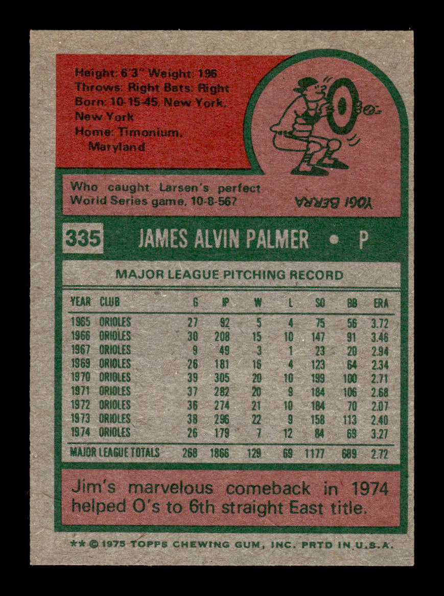 1975 Topps #335 Jim Palmer Baltimore Orioles EX 10013172