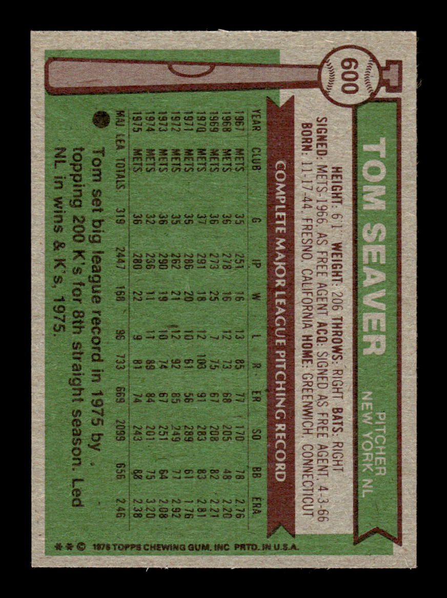 1976 Topps #600 Tom Seaver New York Mets EXMT 10013177