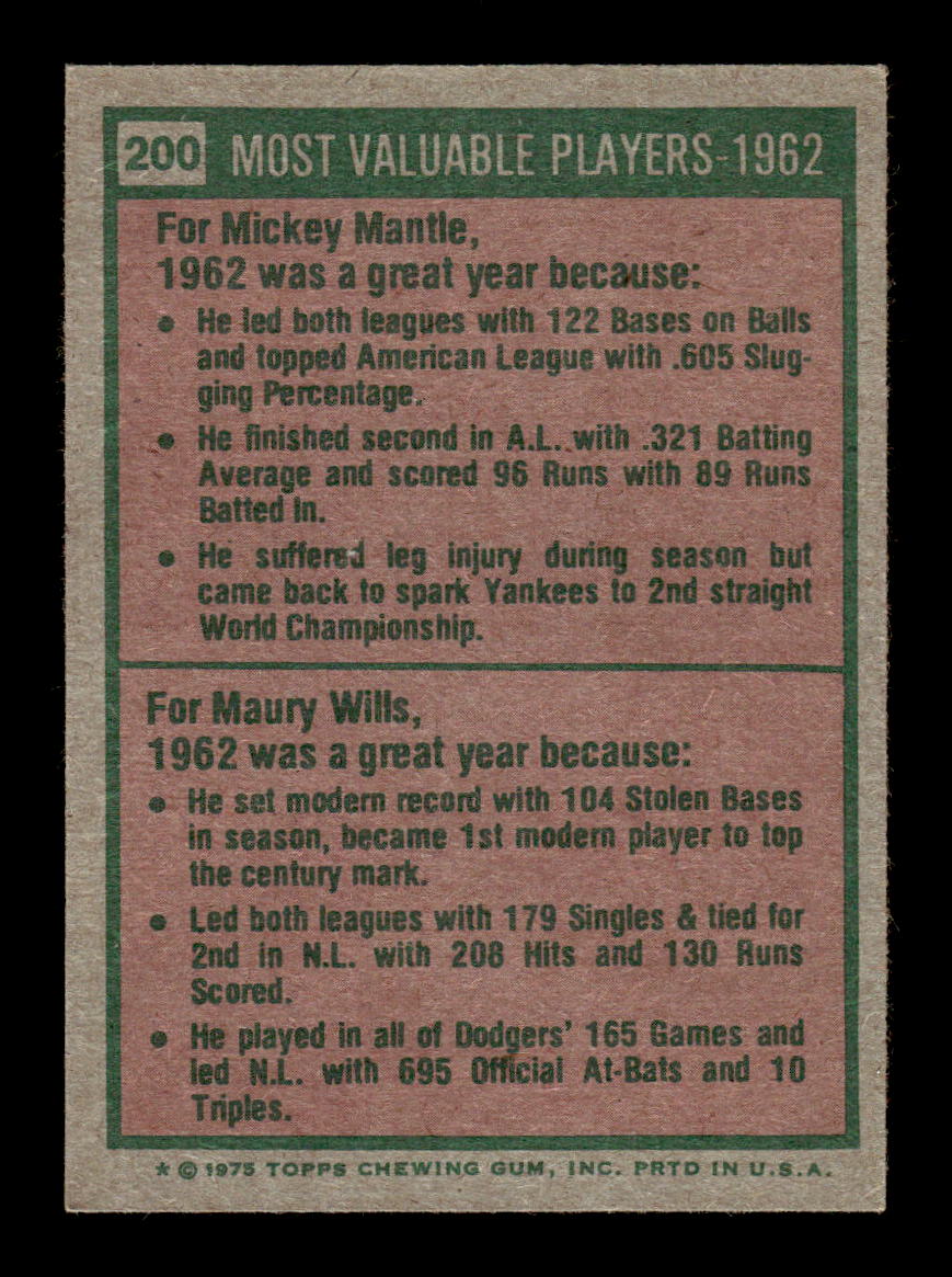 1975 Topps #200 1962 MVPs (Mickey Mantle / Maury Wills) EX 10013182