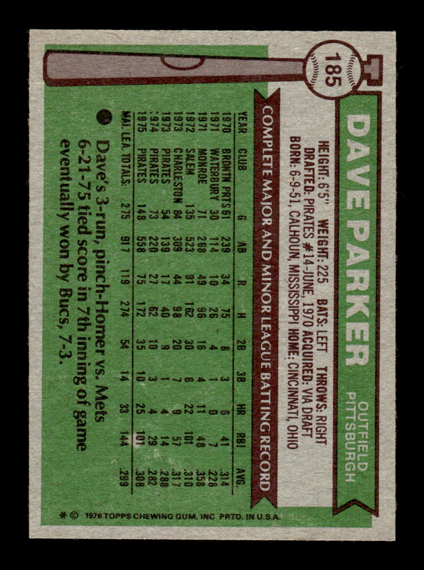 1976 Topps #185 Dave Parker Pittsburgh Pirates EXMT 10013184
