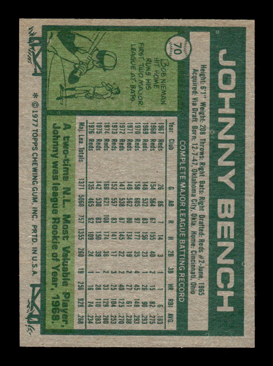 1977 Topps #70 Johnny Bench Cincinnati Reds EX 10013188