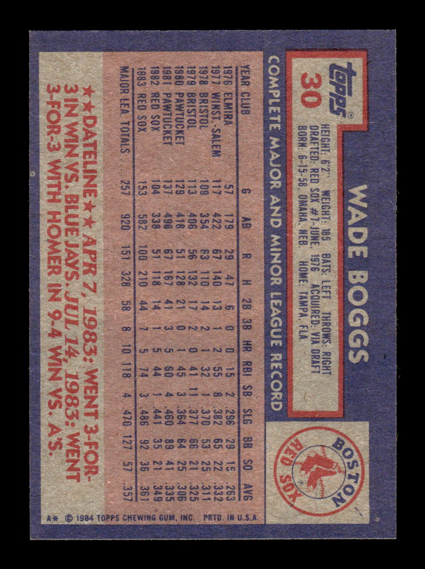 1984 Topps #30 Wade Boggs Boston Red Sox EX 10013196