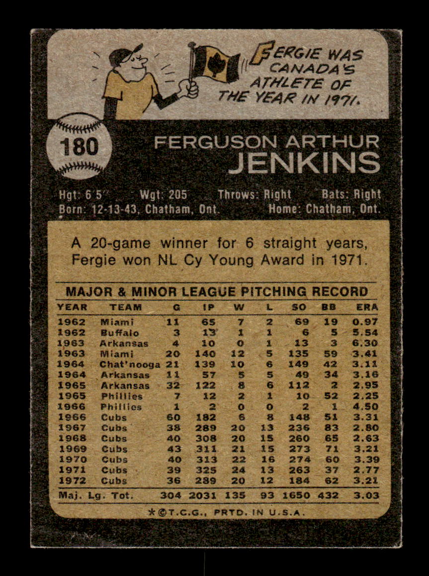 1973 Topps #180 Fergie Jenkins Chicago Cubs VG 10013211