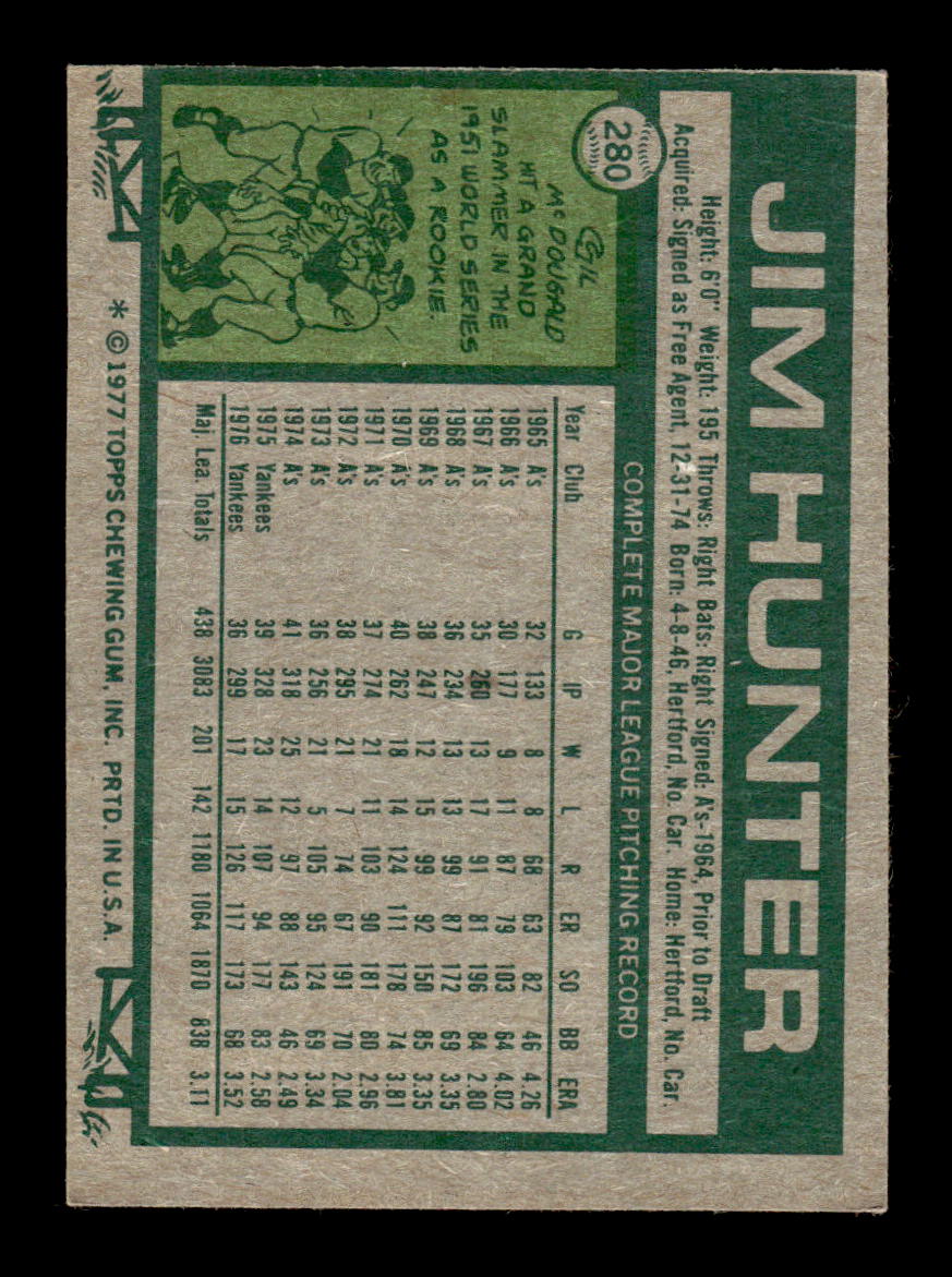 1977 Topps #280 Jim Hunter New York Yankees EX 10013222