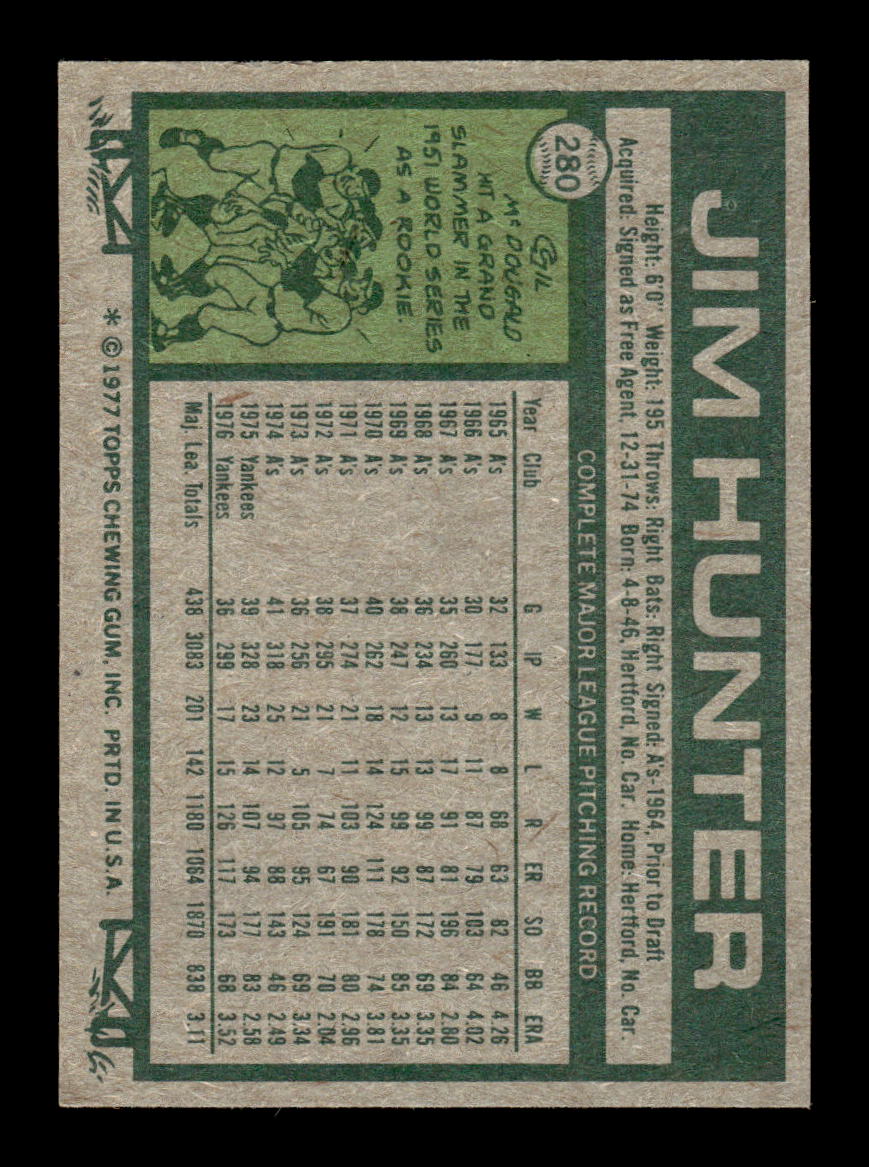 1977 Topps #280 Jim Hunter New York Yankees EX 10013224