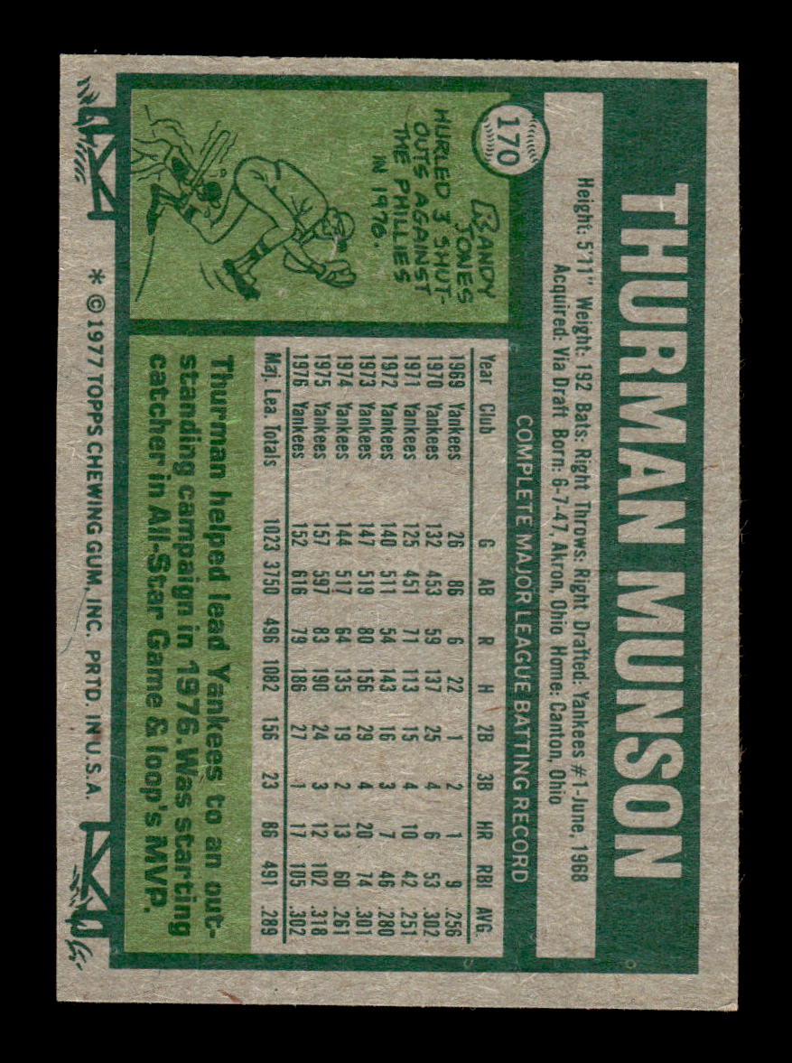 1977 Topps #170 Thurman Munson New York Yankees EX 10013225