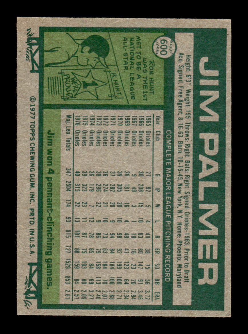 1977 Topps #600 Jim Palmer Baltimore Orioles EX 10013230