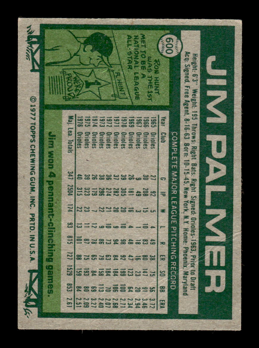 1977 Topps #600 Jim Palmer Baltimore Orioles G/VG 10013232