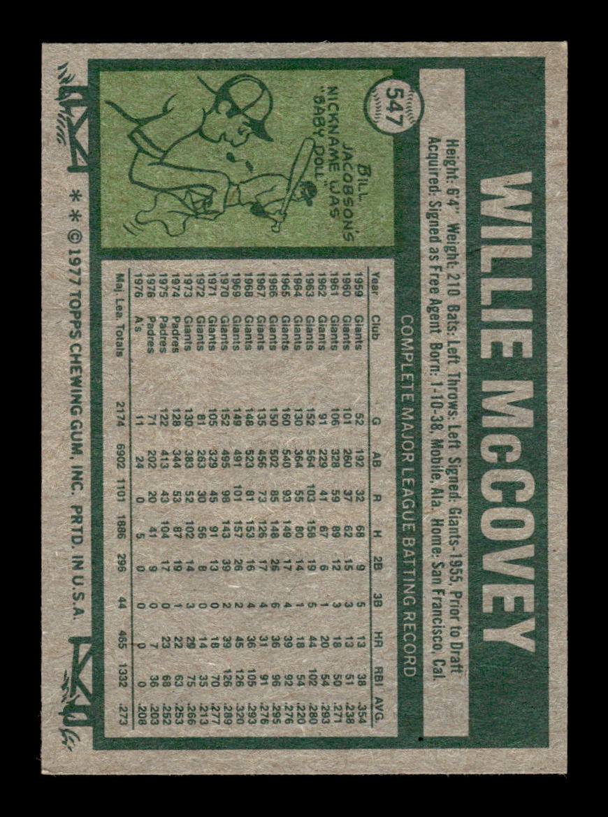 1977 Topps #547 Willie McCovey San Francisco Giants EX 10013234