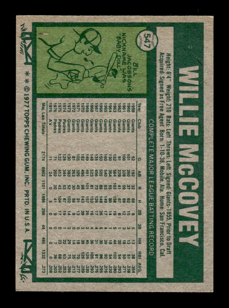 1977 Topps #547 Willie McCovey San Francisco Giants EX 10013236
