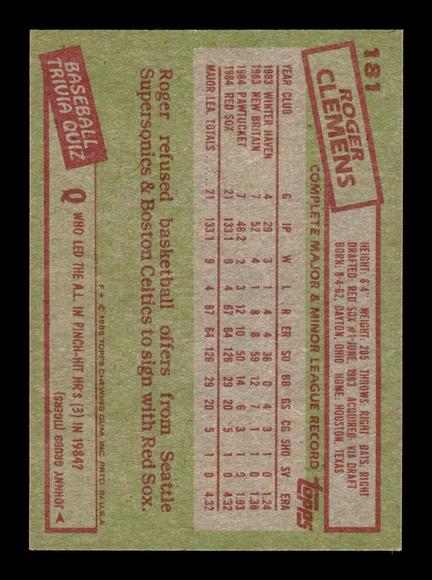 1985 Topps #181 Roger Clemens Boston Red Sox VG MM26013519