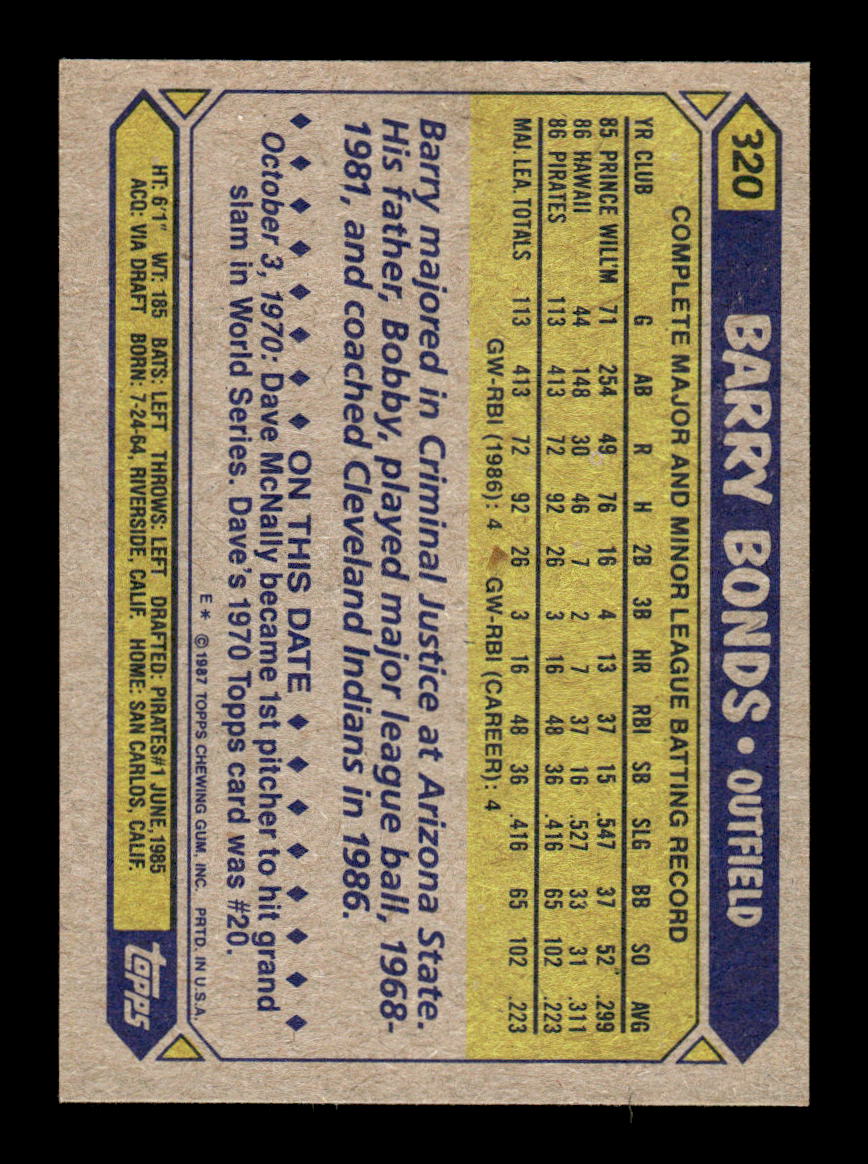 1987 Topps #320 Barry Bonds Pittsburgh Pirates VG MM26013520