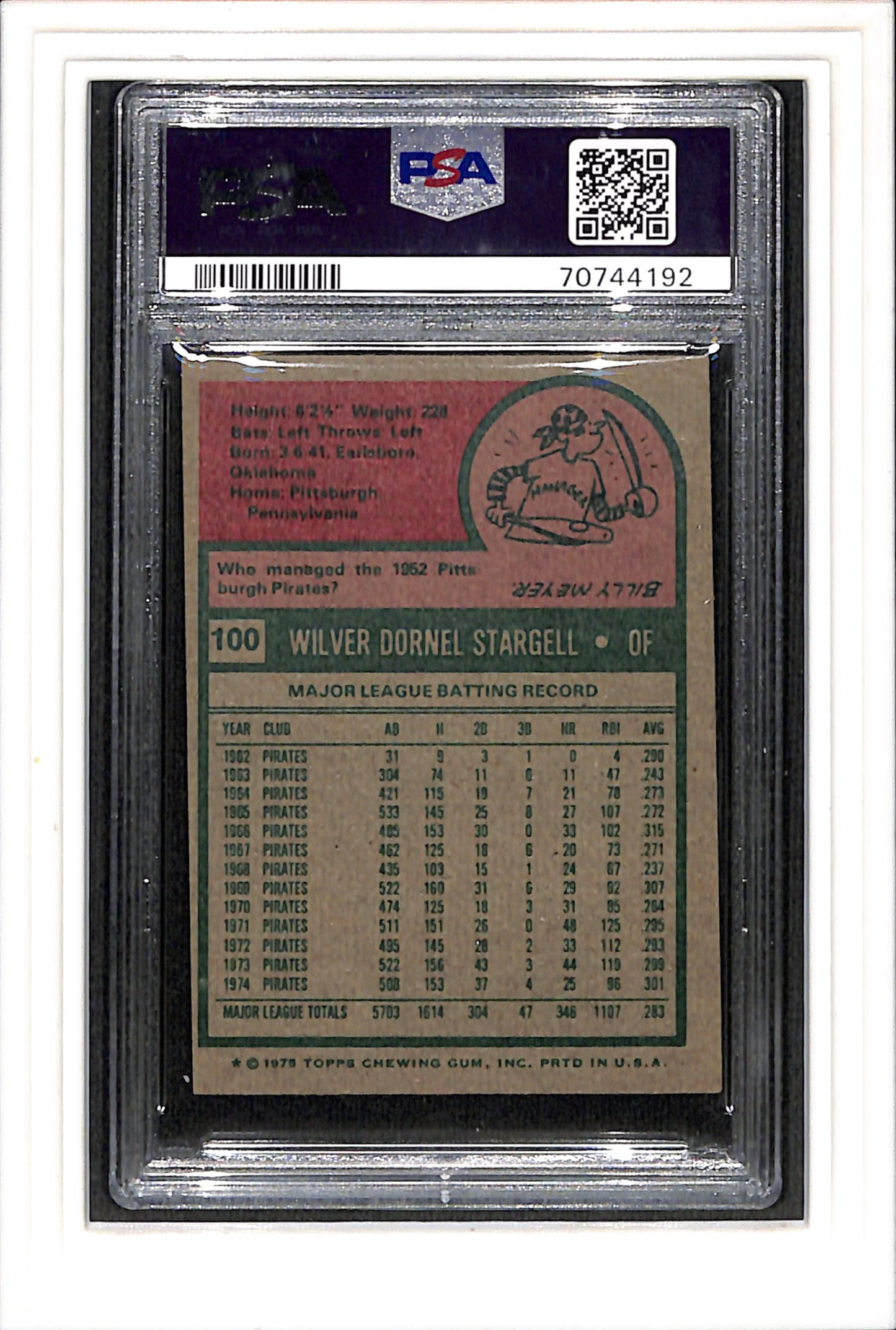 1975 Topps #100 Willie Stargell PSA 6 SN 70744192