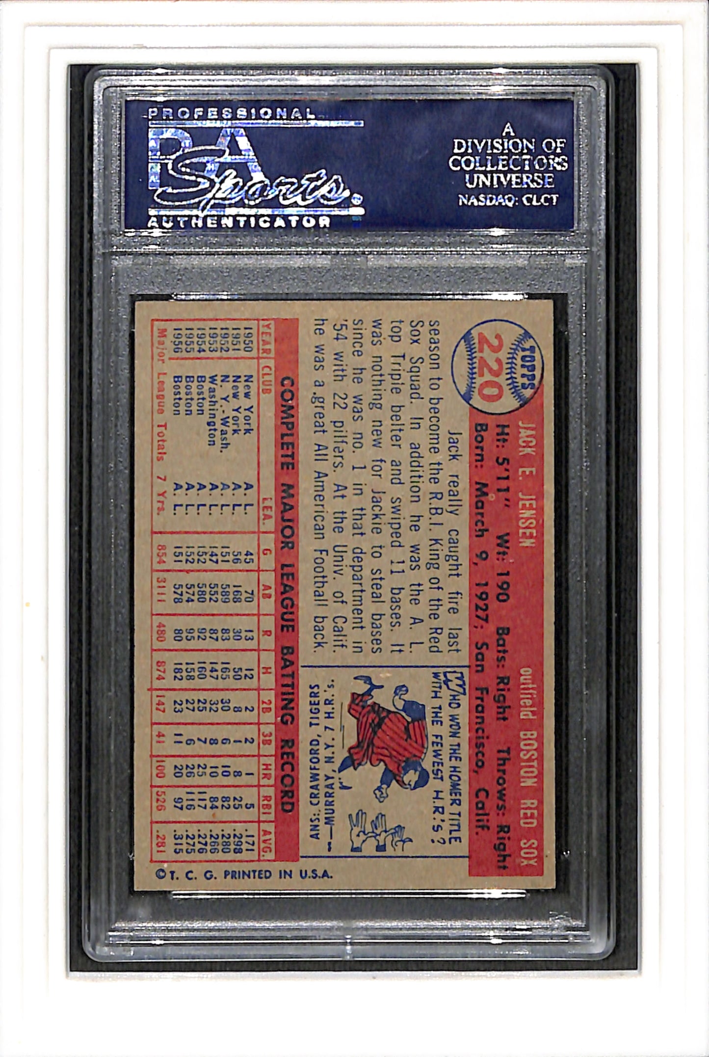 1957 Topps #220 Jackie Jensen PSA 6 SN 22240313