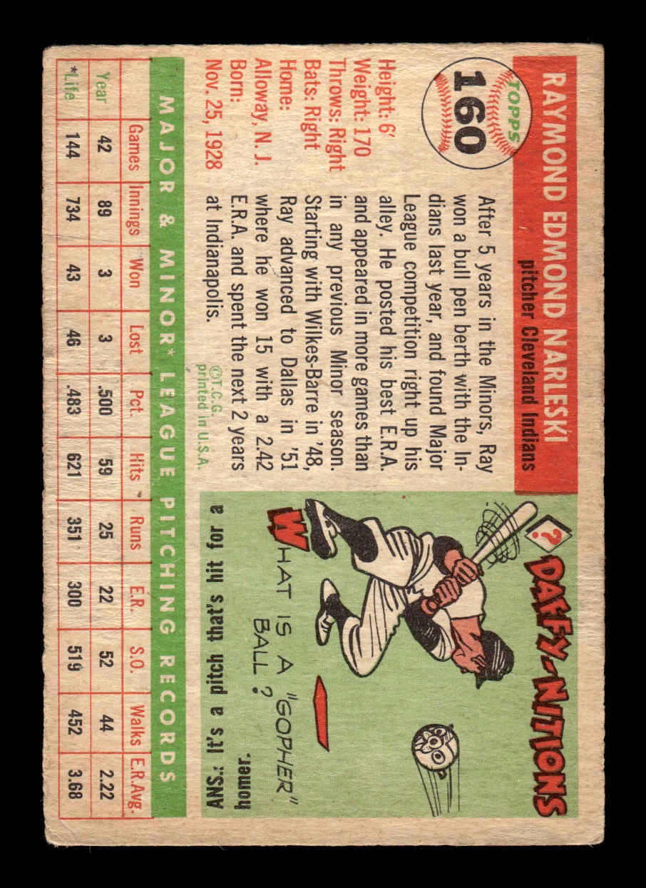 1955 Topps #160 Ray Narleski Cleveland Indians VG MM26013735