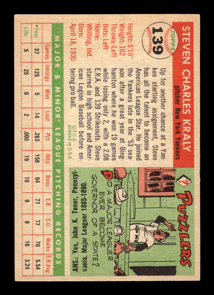 1955 Topps #139 Steve Kraly New York Yankees VG MM26013747