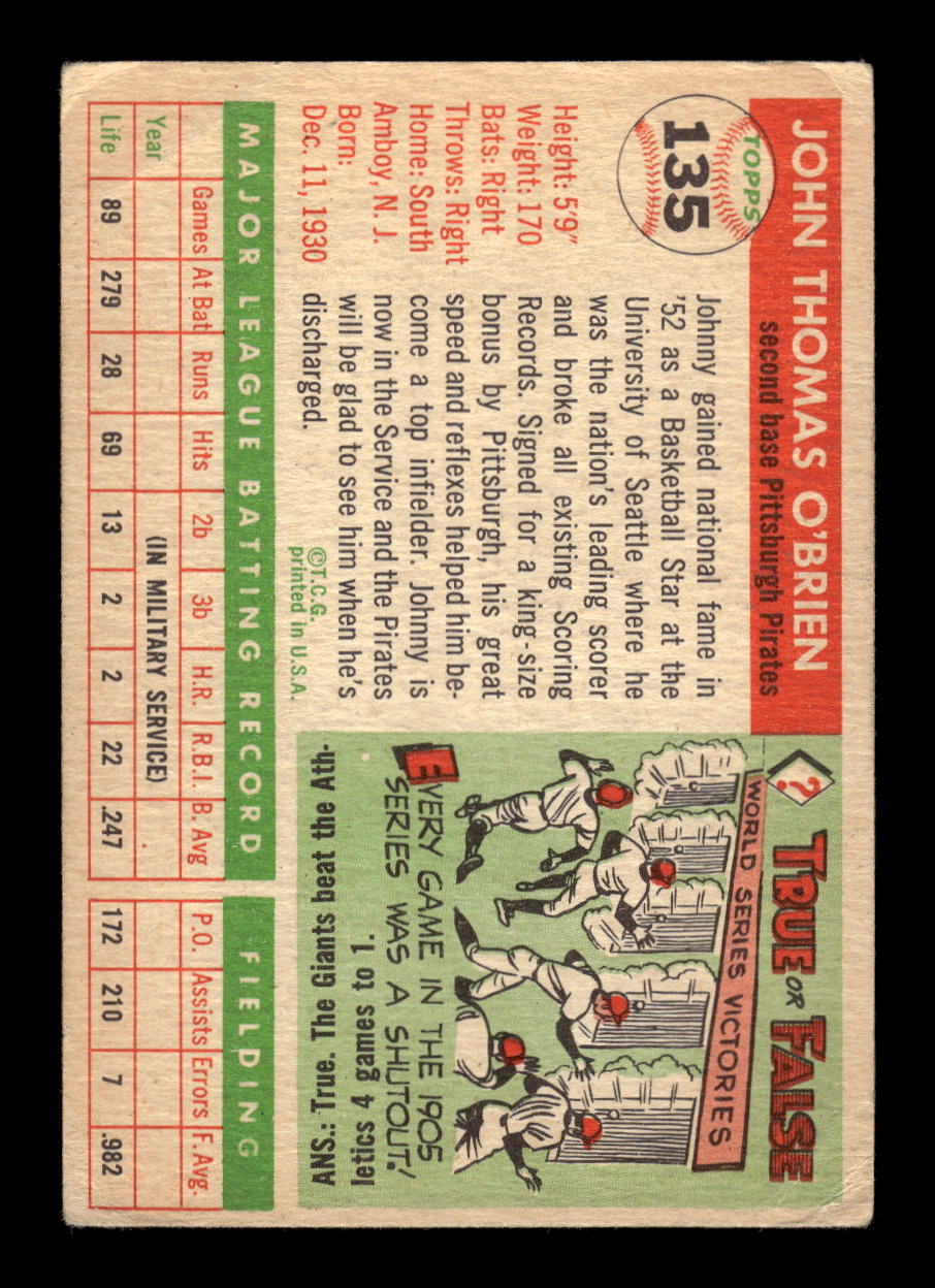 1955 Topps #135 Johnny O'Brien Pittsburgh Pirates VG MM26013750