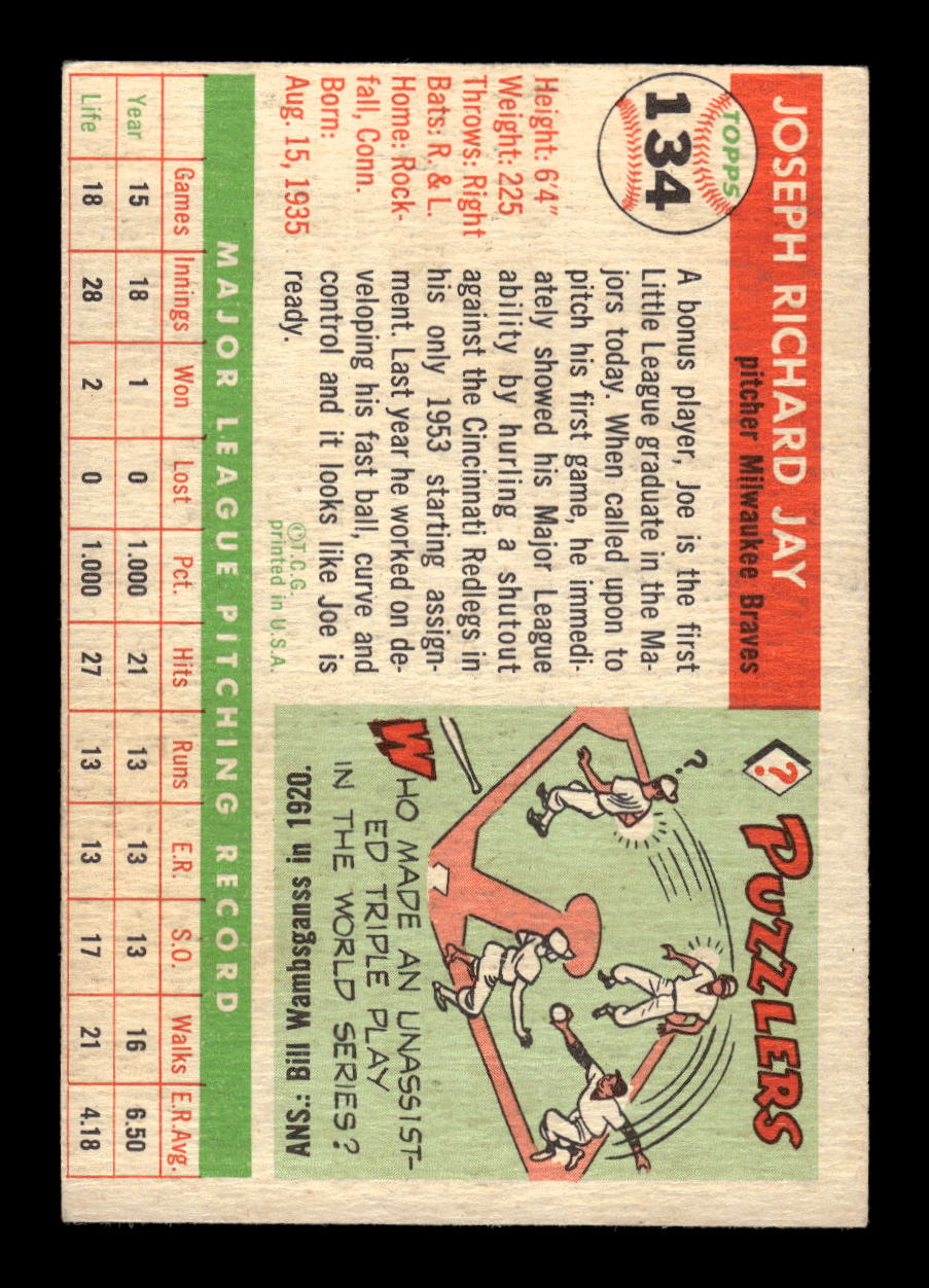 1955 Topps #134 Joe Jay Milwaukee Braves VG MM26013751