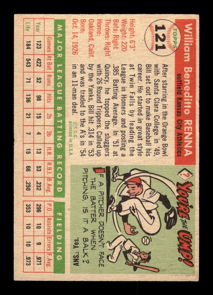 1955 Topps #121 Bill Renna Kansas City Athletics VG MM26013757