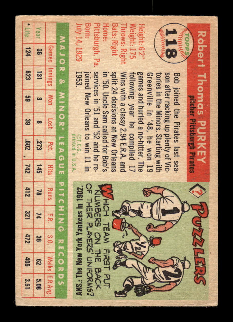 1955 Topps #118 Bob Purkey Pittsburgh Pirates VG MM26013758