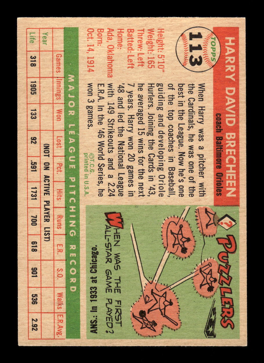 1955 Topps #113 Harry Brecheen Baltimore Orioles VG MM26013762