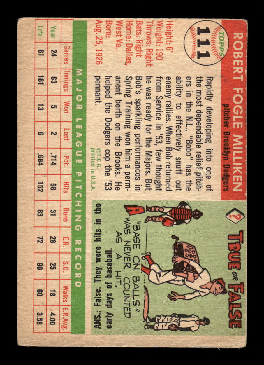 1955 Topps #111 Bob Milliken Brooklyn Dodgers VG MM26013763