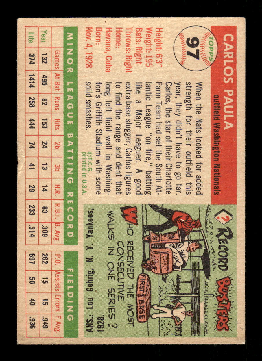 1955 Topps #97 Carlos Paula Washington Senators VG MM26013768