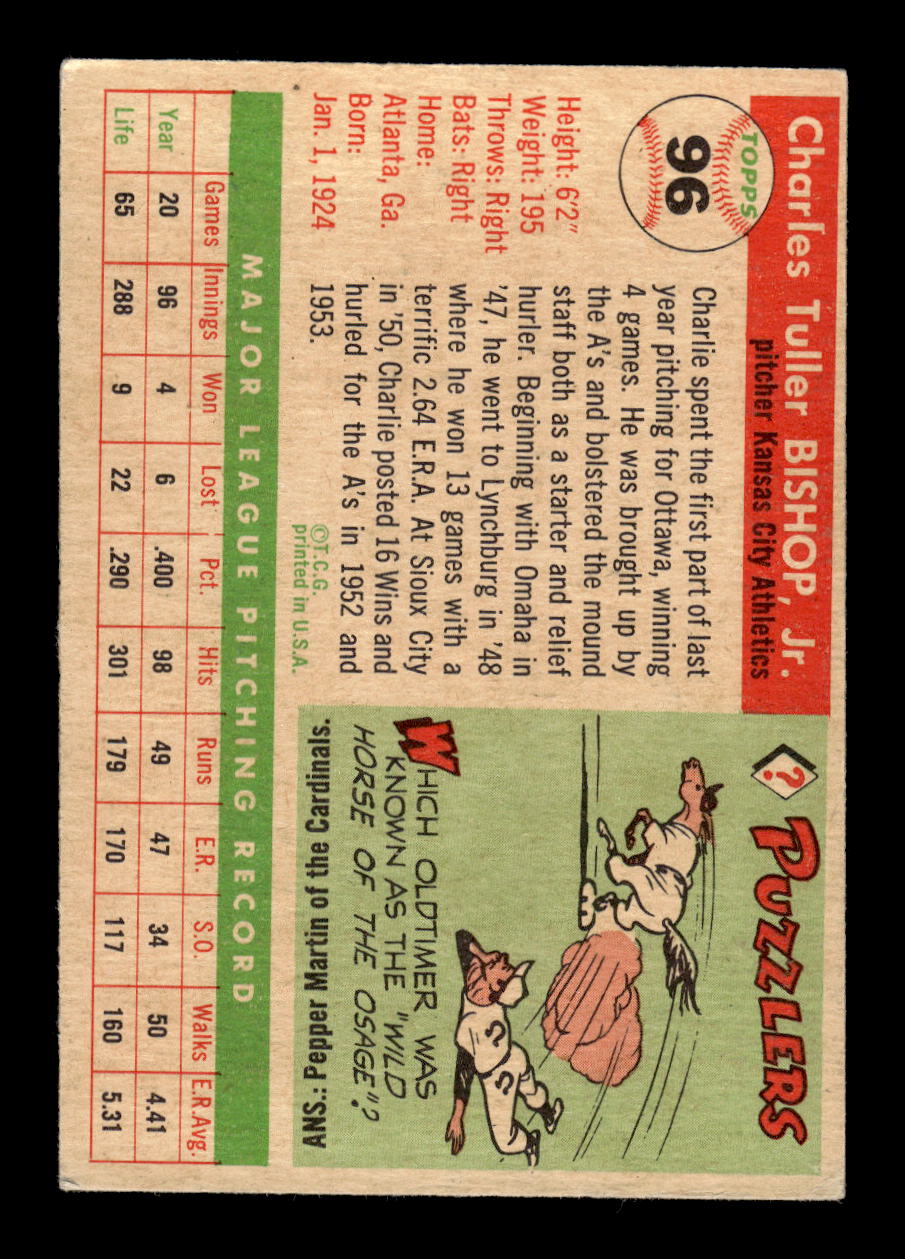1955 Topps #96 Charlie Bishop Kansas City Athletics VG MM26013769